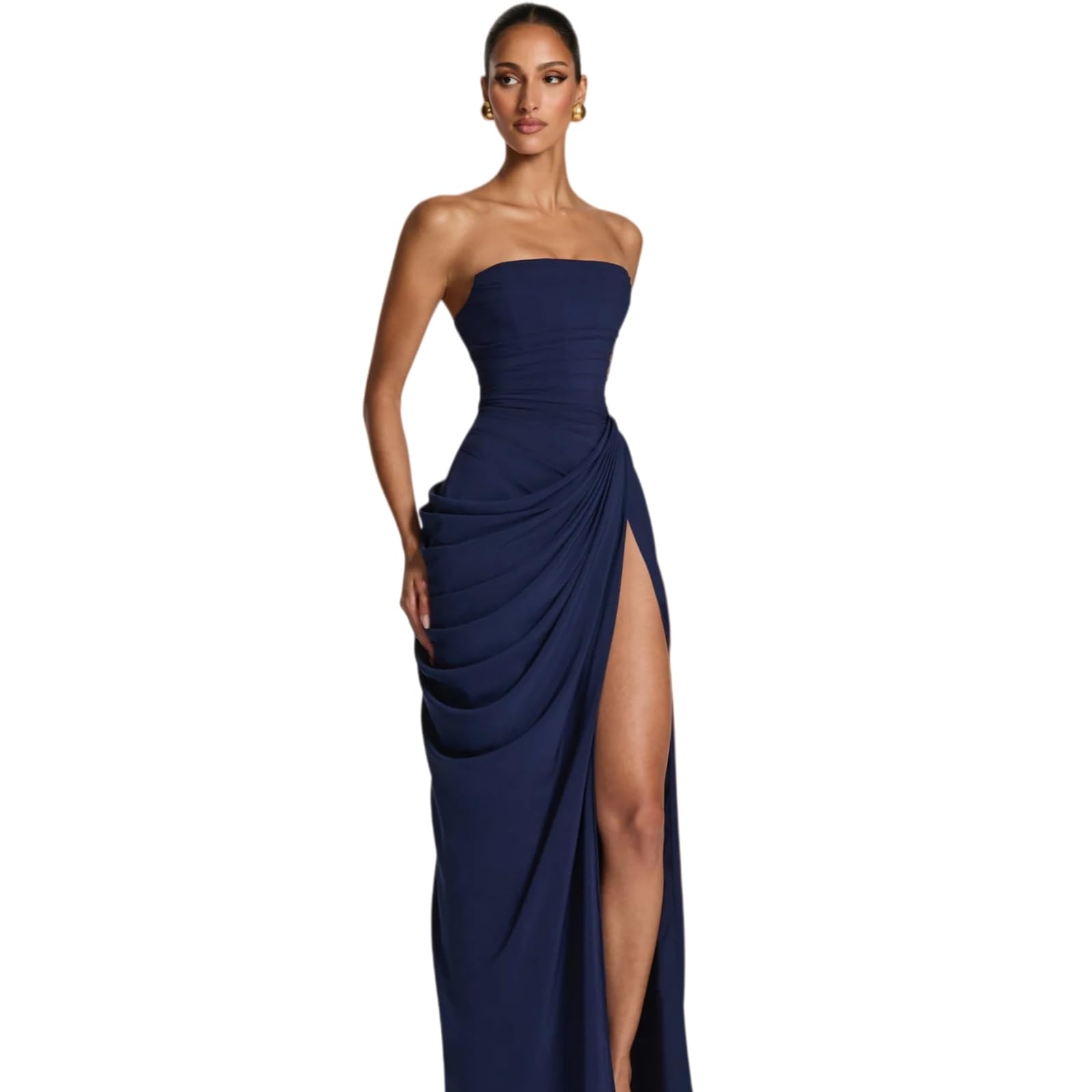 Vestito Donna Elegante Abito Piegato Senza Spalline - Fuori Spalla, Vita Alta Schienale con Split Laterale per La Sera, Festa Ed Eventi Formali-White-s-China Mainland