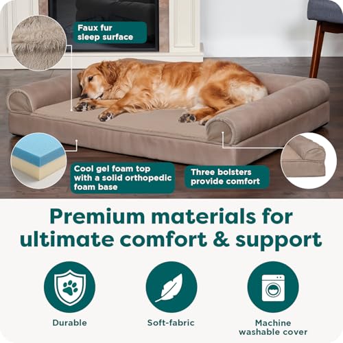 Furhaven Cooling Gel Dog Bed for Large Dogs w/ Removable Bolsters & Washable Cover, For Dogs Up to 95 lbs - Plush & Suede Sofa - Almondine, Jumbo/XL - Image 6
