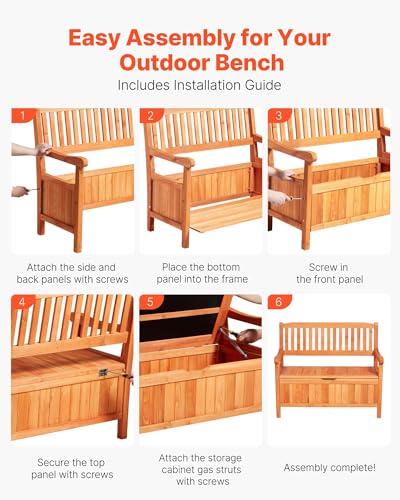 VEVOR Outdoor Storage Bench, 2-Person Wooden Storage Bench, 33 Gallons Deck Box with Side Handle, Supports up to 705 lbs, Outdoor Seating & Porch Decor, for Patio Garden Balcony Yard