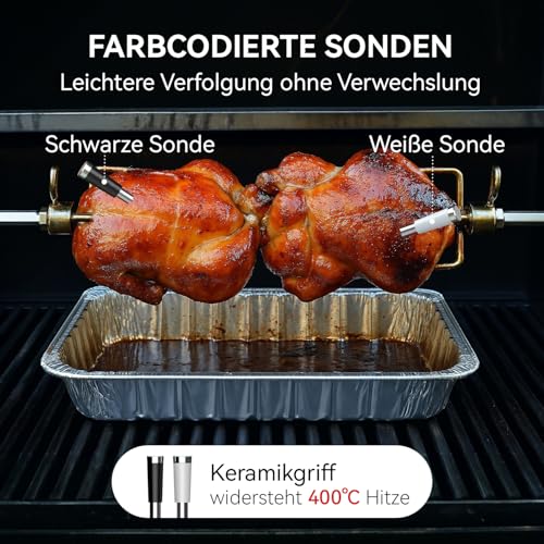 BFOUR Fleischthermometer Kabelloses mit 2 Sonden,Bluetooth Grillthermometer mit Smart Base, LCD-Display, APP-Steuerung, Bratenthermometer digital für Ofen, Grill,Räucherofen,Upgrade Ver.