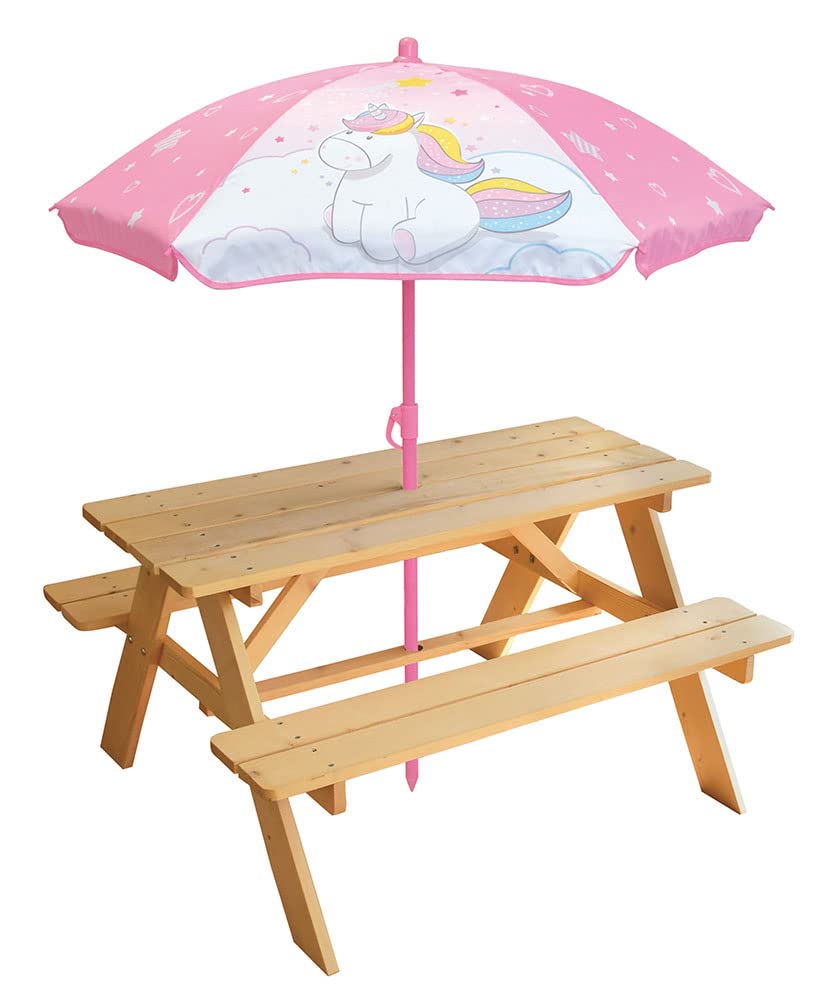 FUN HOUSE Licorne Table pique-nique en pin H.53 x l.95 x P.75 cm avec parasol H.125 x ø 100 cm - Pour enfant