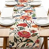 Croar Boho Vintage Floral Dining Table Runner, Retro Bohemian Colorful Flower Burlap...