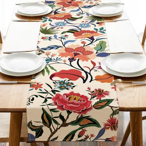 Croar Boho Vintage Floral Dining Table Runner, Retro Bohemian Colorful Flower Burlap Kitchen Decoration, Spring Summer Embroidery Indoor Outdoor Home Decor Party Supply 13 x 72 Inches