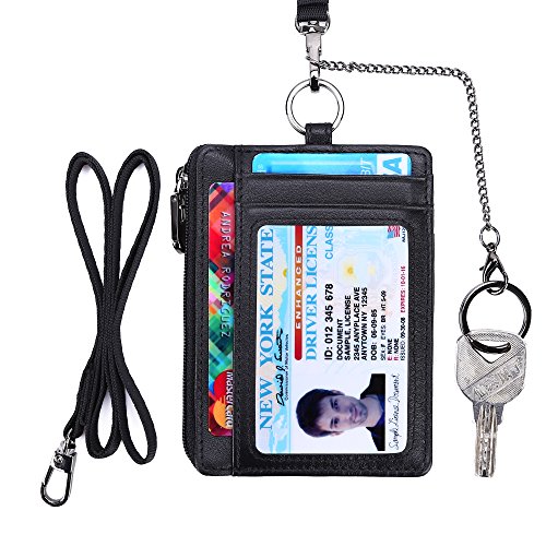 kinzd Slim Minimalist Zipper Credit Card Holder Leather Front Pocket Wallet with Keychain Ring Lanyard Strap3