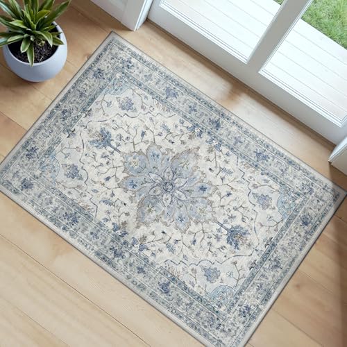 RELEANY Area Rugs 2'x3' Kitchen Rugs Entry Rug Small Rugs for Entryway Kitchen Bathroom Door Mat Indoor Entrance,Washable Non Slip, Light Blue Navy Beige Gray White