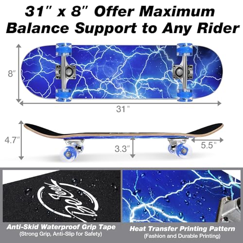 Image of BELEEV Skateboards for Beginners, 31 x 8 inch Complete Skateboard for Kids Teens Adults, 7 Layer Canadian Maple Double Kick Deck Concave Cruiser Trick Skateboard with Multifunction Skate T-Tool