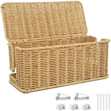 IXTRA Handmade Cable Management Box Imitation Rattan Cable Organizer Box with Lid 2 Open Slots Under Desk Cord Organizer to Hide Power Strips & Cords and Cover Floor TV Wires Computer USB Hub