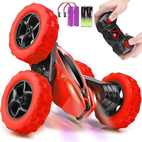 LYDDO Remote Control Car, 2.4GHz Fast Stunt RC Trucks with Headlights, 4WD Double Sided 360 Rotating Off Road RC Crawler Toy Cars for Kids Boys Girls (Red)