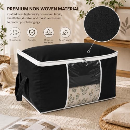 Image of Non-Woven Underbed Storage Bag with Side Handles - Blanket, Comforter & Quilt Organizer - Foldable Dust-Proof Storage Box for Clothes, Sweaters & Bedding - Black, 65x33x47cm (Pack of 1)