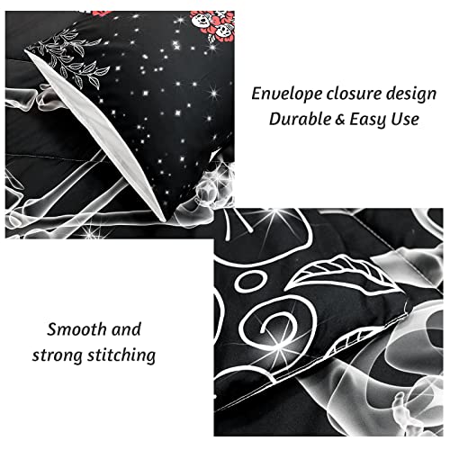 Zhh E-Commerce Skull Bedding Queen Skeleton Kiss Rose Duvet Set Flower Couple Comforter For Girl Boy Soft Black Quilt Gift 1 Duvet And 2 Pillowcases #TOP4