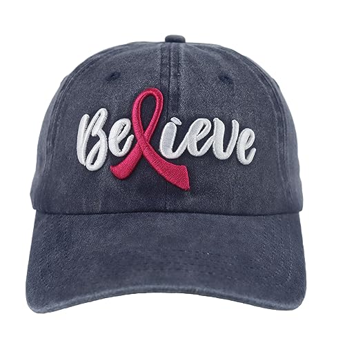 SHANVANKE Breast Cancer Awareness Hat for Women Embroidered Adjustable Believe Pink Ribbon Logo Cotton Denim Baseball Cap (as1 Alpha one_Size Breast Cancer Awareness Embroidery Navy)