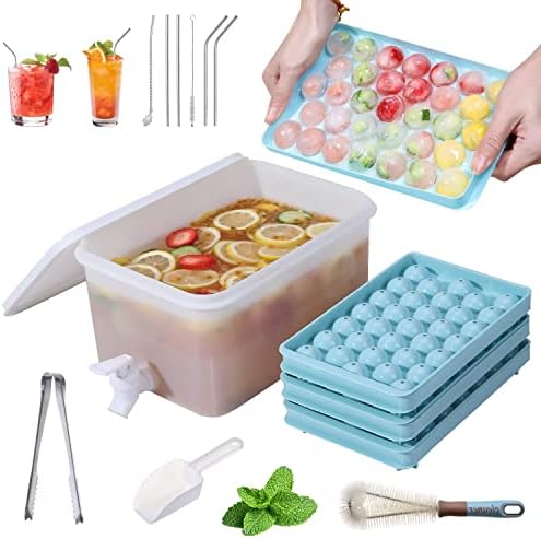 3 Pack Ice Cube Tray & 1.5 Gallon Drink Dispenser Combo - Beverage Dispenser for Fridge with Spout & Ice Cube Tray with lid for Freezer 99 PCS Ice Cube Dispenser Ice Cube Trays/Scoop/Brush/Straw