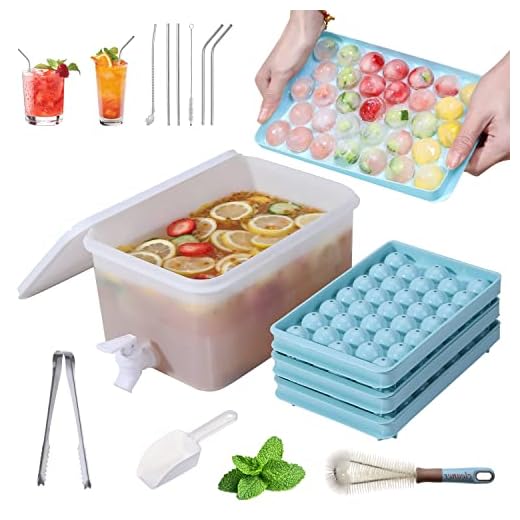3 Pack Ice Cube Tray & 1.5 Gallon Drink Dispenser Combo - 99PCS Round Ice Cube Trays With Lid & Bin For Freezer + 100% Leakproof Drink Dispenser with Faucet for Fridge with Brush/Tong/Scoop/5*Straws