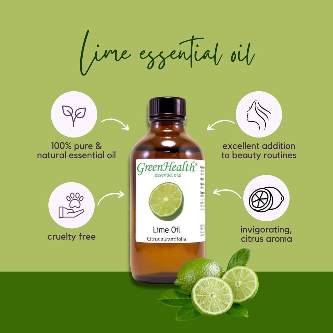 Lime Essential Oil – 4 fl oz (118 ml) Glass Bottle w/Glass Dropper – 100% Pure Essential Oil – GreenHealth