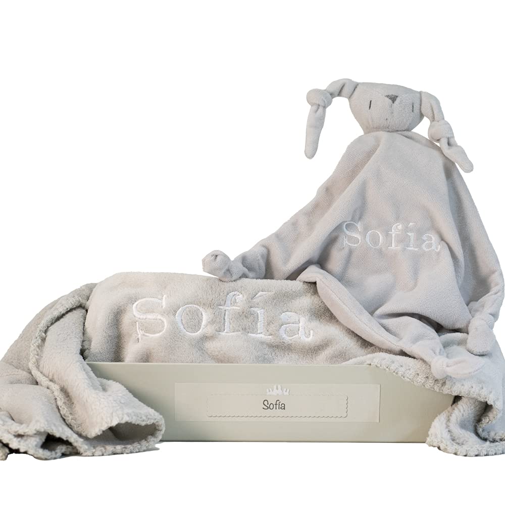 Cadeau de Naissance Personnalisé pour Bébé, Doudou et Couverture en Polaire Gris, Tétine Gravée - Coffret Luxe pour Nouveau-Né | BebeDeParis