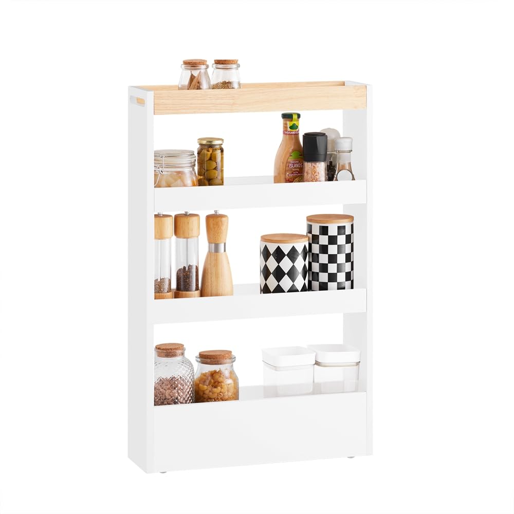 SoBuy Nischenschrank 15 cm Breit Rollwagen Schmal Küchenregal mit Rollen, Platzsparendes Nischenregal für Küche & Badezimmer, Ideale Lösung für kleine Räume, Apothekerschrank Küche 80x50x15 cm NSR12-W