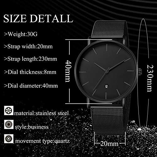 Unendlich U Mens Black Watch Ultra Thin Minimalist Fashion Luxury Wrist Watches with Digital Calendar, Business Waterproof Casual Quartz Watch with Stainless Steel Mesh Band