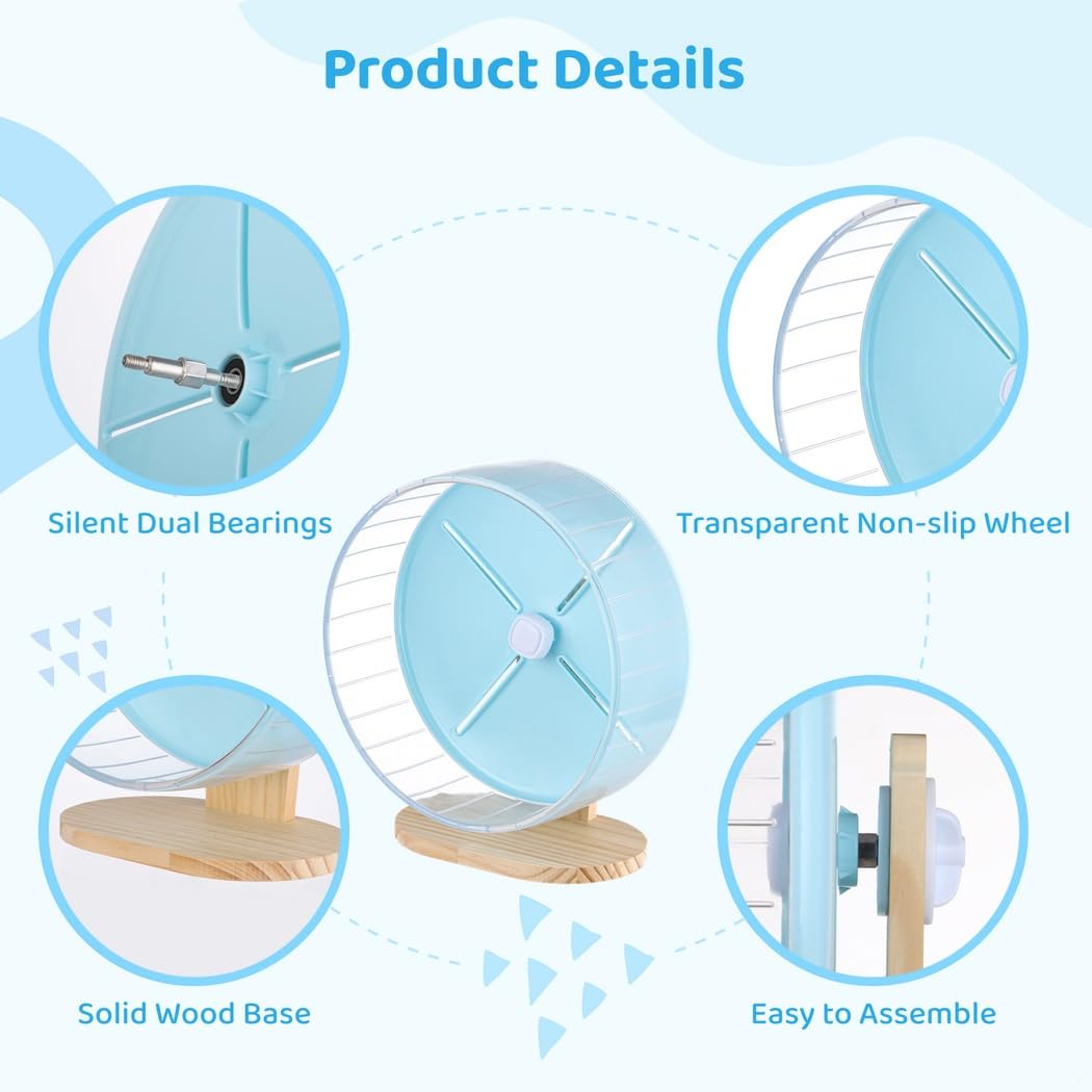 Rueda para hámster de 10.2 pulgadas con soporte de madera, giratorio silencioso ajustable para jerbos, deslizadores de azúcar, chinchillas, cobayas
