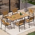 Oasbira Outdoor Patio Dining Table Sets 7-Piece Aluminum and HDPS All-Weather Table and Chairs with Umbrella Hole, Patio Modern Furniture Sets for Garden, Backyard, Lawn, and Poolside, Gray & Teak