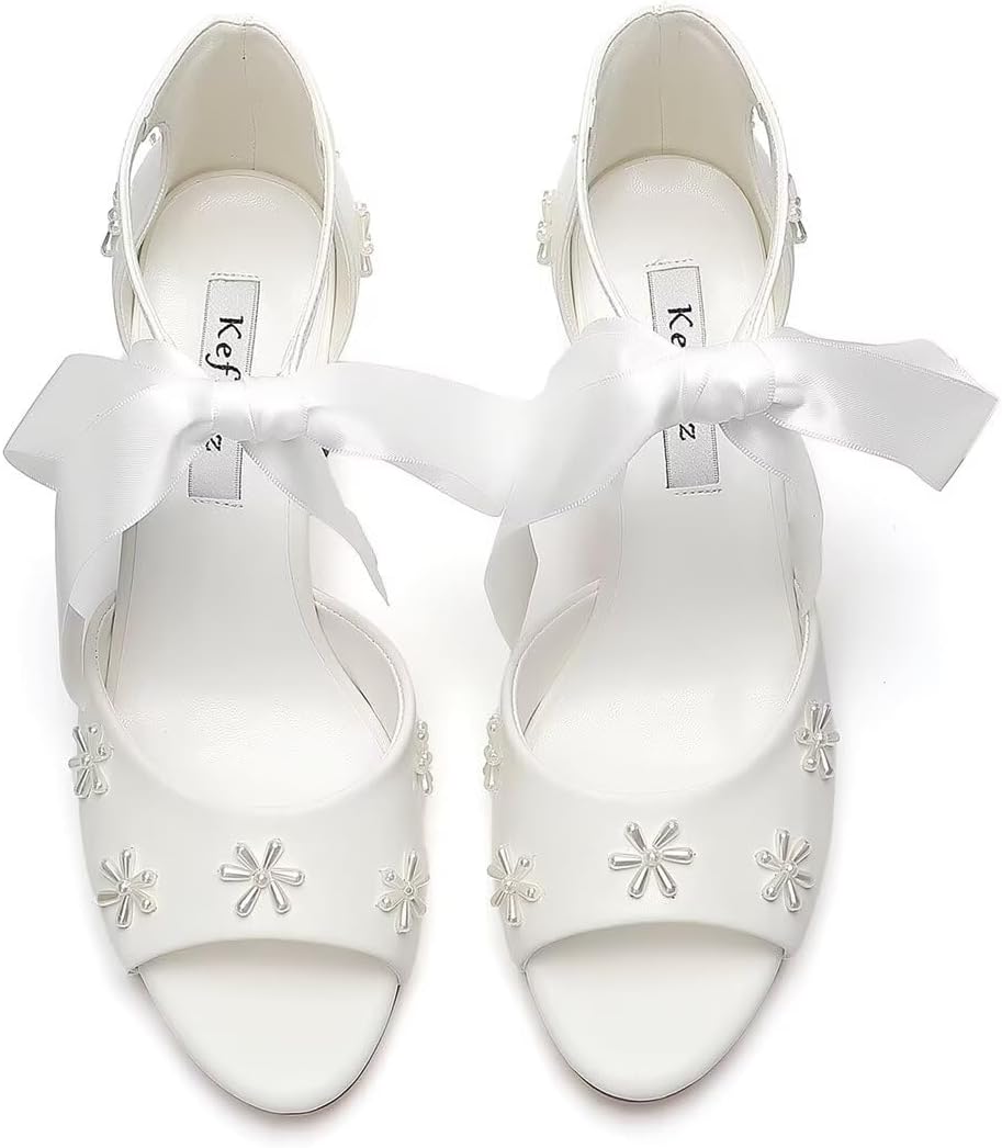 Pearl Wedding Shoes for Bride Open Toe Bridal Shoes Block Heel Wedding Sandals Ankle Strap Wedding Heels - Image 2