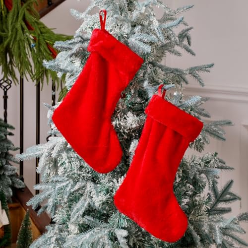 JOVITEC 2 Pieces 20 Inch Christmas Stockings Faux Fur Snowy Christmas Stockings Xmas Fireplace Hanging Stocking Candy Gift Bags for Holiday Decorations (Vivid,Red)