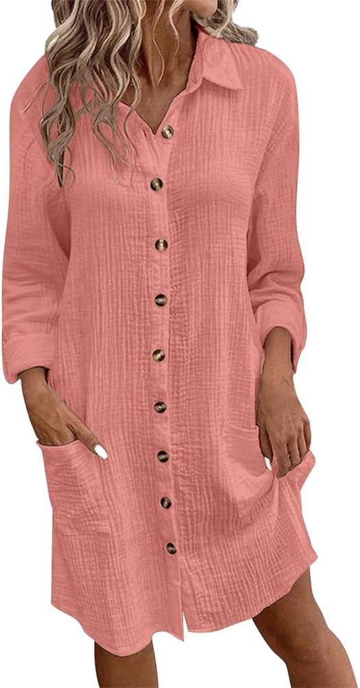 HOTOUCH Damen-Sommerkleid Aus Baumwoll-Leinen – Lockere Passform, V-Ausschnitt, Mit Holzknöpfen
