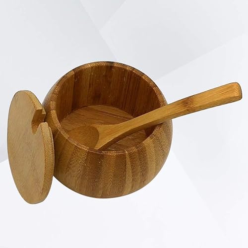 Miniatura 2 de Luxshiny Azucarero de bambú o tazón de especias con cuchara, contenedor de madera para condimentos, olla de sal de granja, plato de mantequilla,