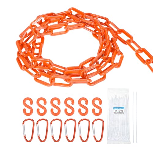 MECCANIXITY Plastic Chain 15 Ft/4.6 M, Safety Chain Orange Plastic Chain Link Barrier with Zip Ties Buckle and S-Hooks for Crowd Control Queue Line Fence Decoration