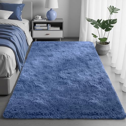FVVRAX 90x150cm Cobalt Blue Shaggy Rug Soft Fluffy Area Rug for Living Room & Bedroom Non-Slip Plush Carpet for Kids Nursery Dorm Machine Washable Large Floor Mat