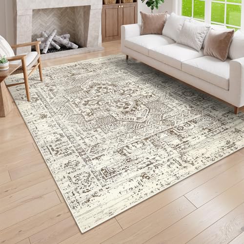 Lahome Washable 6x9 Area Rugs for Living Room, Boho Farmhouse Carpet for Bedroom Low Pile Anti-Slip, Vintage Oriental Soft Mat for Dining Room Dorm Home Office Indoor Decor, Beige 6' x 9' (R