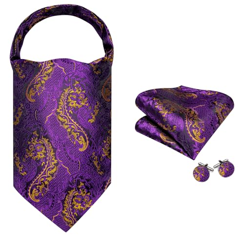 Image of Barry.Wang Ascot Ties Cravat Tie Men Paisley Plaid Scarf Self Tie Pocket Square Cufflinks Set Wedding Party