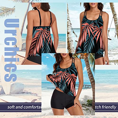 Urchics Womens Gray Tankini Swimsuit Tank Top Two Piece Bathing Suits with Boyshorts Print Leaf XL