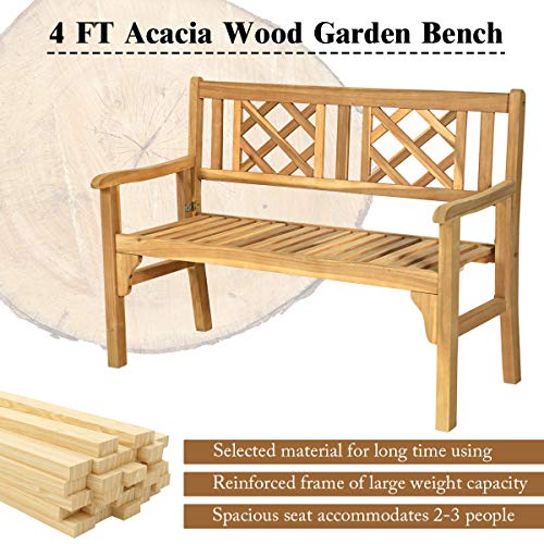 Giantex Patio Wooden Bench, 4 Ft Foldable Acacia Garden Bench, Two Person Loveseat Chair With Curved Backrest And Armrest Ideal For Patio, Porch Or Balcony (Teak) #TOP5