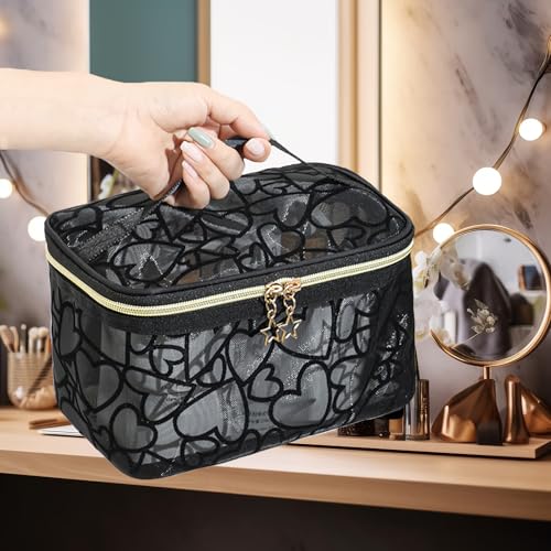 Image of Large Mesh Makeup Bag Flocking Heart Printed, Portable Travel Mesh Cosmetic Bags Toiletry Bags Makeup Purse Bags Five-pointed star zipper pull Storage Pouches, for Home Travel Accessories