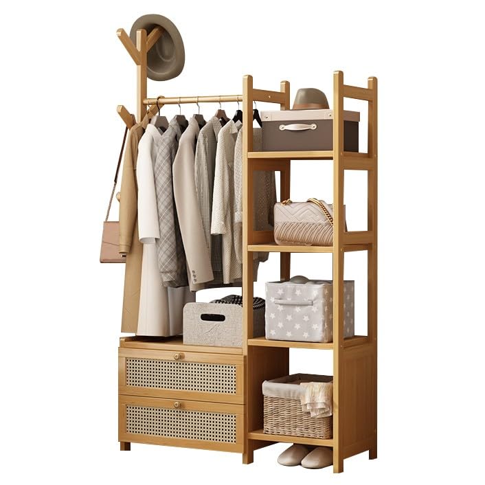 Moderno armario abierto de bambú con cajones, elegante perchero de pie para dormitorio, solución de almacenamiento de espacio pequeño, ropa y accesorios