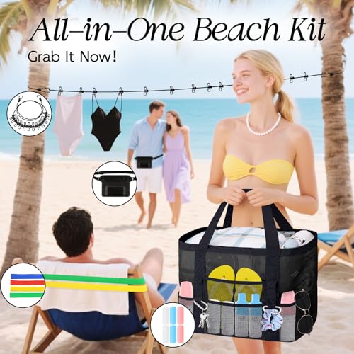 XX-Large Mesh Beach Bag Tote - 9 Pockets for Family Travel/Vacation & Beach Essentials, Foldable & Lightwiht3