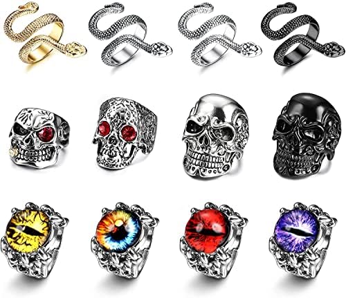 LOLIAS 12Pcs Gothic Vintage Punk Rings Snake Claw Skull Rings Eyes of Hell Cool Open Adjustable Punk Ring Set Gothic Jewelry Gift for Men Women