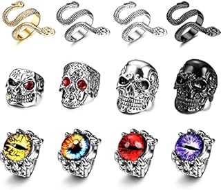 LOLIAS 12Pcs Gothic Vintage Punk Rings Snake Claw Skull Rings Eyes of Hell Cool Open Adjustable Punk Ring Set Gothic Jewelry Gift for Men Women