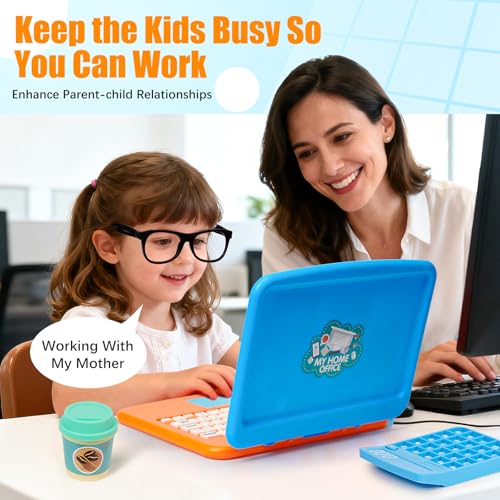Cleboen Pretend Play Home Office Set for Kids — Toy Laptop Computer, LCD Writing Tablet, Pop Fidget Calculator, Phone, Headset, Glasses, Coffee Cup & Handbag, Birthday Gifts for Boys Girls Age 3-5-7