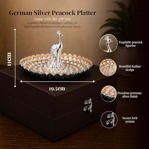 Image of Diviniti German Silver Peacock Decorative Tray for Home Decor | Luxury Dry Fruit & Sweet Serving Platter with Orange Enamel Feather Design | Premium Decorative Gift Hamper Plate with Elegant Gift Box