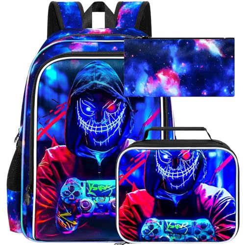 UFNDC Mochila de jogos para meninos, 3 peças, mochila demoníaca com lancheira, mochila escolar resistente à água de 43 cm para adolescentes do ensino fundamental e médio
