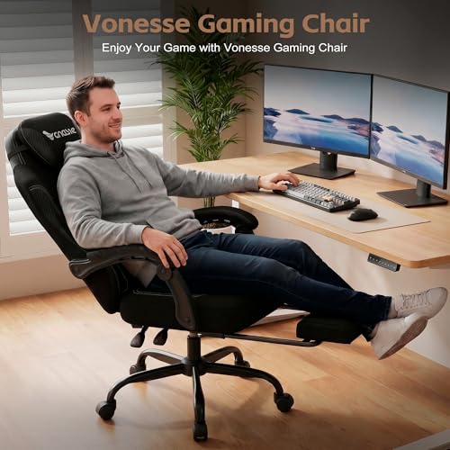 Image of Vonesse Gaming Chair, Office Chair with Linen Breathable Mesh Fabric, Desk Chair with Adjustable Lumbar Support, Executive Computer Chairs with Footrest and Headrest (Black)