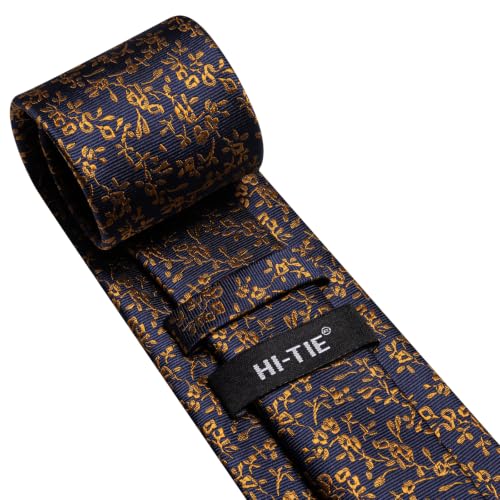 Image of Hi-Tie Men Silk Ties Set with Flower Lapel Pin Necktie Pocket Square Cufflinks for Tuxedo Wedding Business