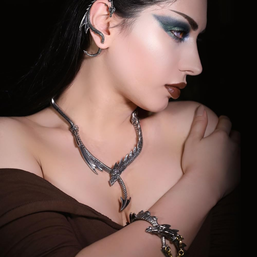 Alchemy Gothic Dragons Lure Necklace Donna Collana colore argento