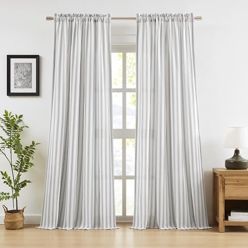 ZJDECOR Striped Semi Sheer Curtain Panels 95 Inches Long,Black Stripes on White Cotton Blended Drapes for Bedroom Living Room,Modern Window Treatment,Rod Pocket,55