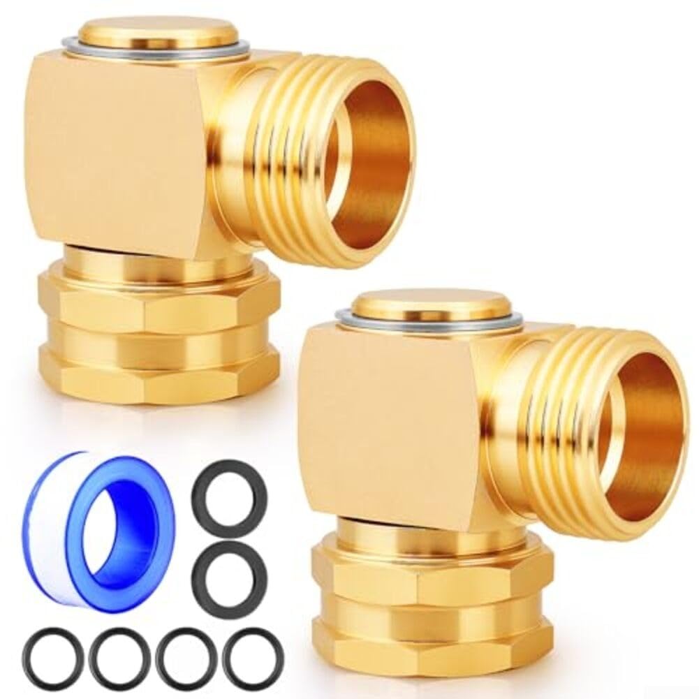 Garden Hose Swivel Elbow Connector 3/4 Inch GHT Brass 90 Degree Hose Adapter with Extra Washers and Sealing Rings for Leak Resistant Setup (2PCS)