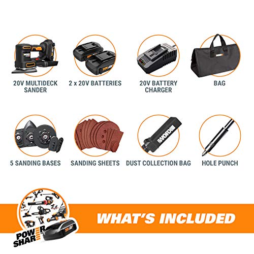 Worx 20V Cordless Multi-Purpose Sander Wx820L.2 Multi Sander, Tool-Less Clamping, Duststop Micro Filter, 2 * 2.0Ah Batteries & Charger Included #TOP7