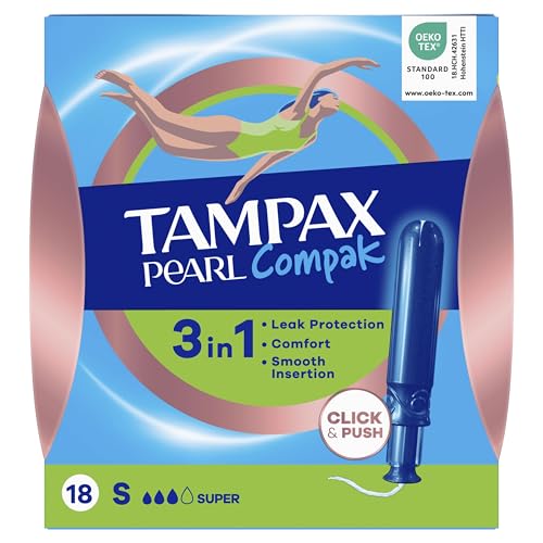 Tampax Compak Pearl, Super, 18 Tampons Avec Applicateur, Flux Moyens à Abondants, Triple Confort avec Applicateur doux, MotionFit, Voile Douceur, Certifié...