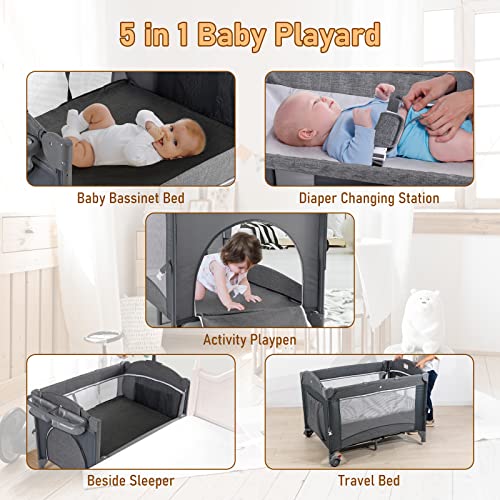 Image of Baby Bassinet Bedside Sleeper Baby Crib, Pack and Play with Bassinet and Changing Table, Portable Travel Baby Playpen with Bassinet Toys & Music Box, Mattress for Girl Boy Infant Newborn Gray