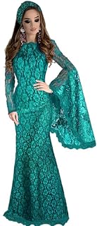 فستان نسائي باكمام واسعة من الدانتيل بلون تركواز